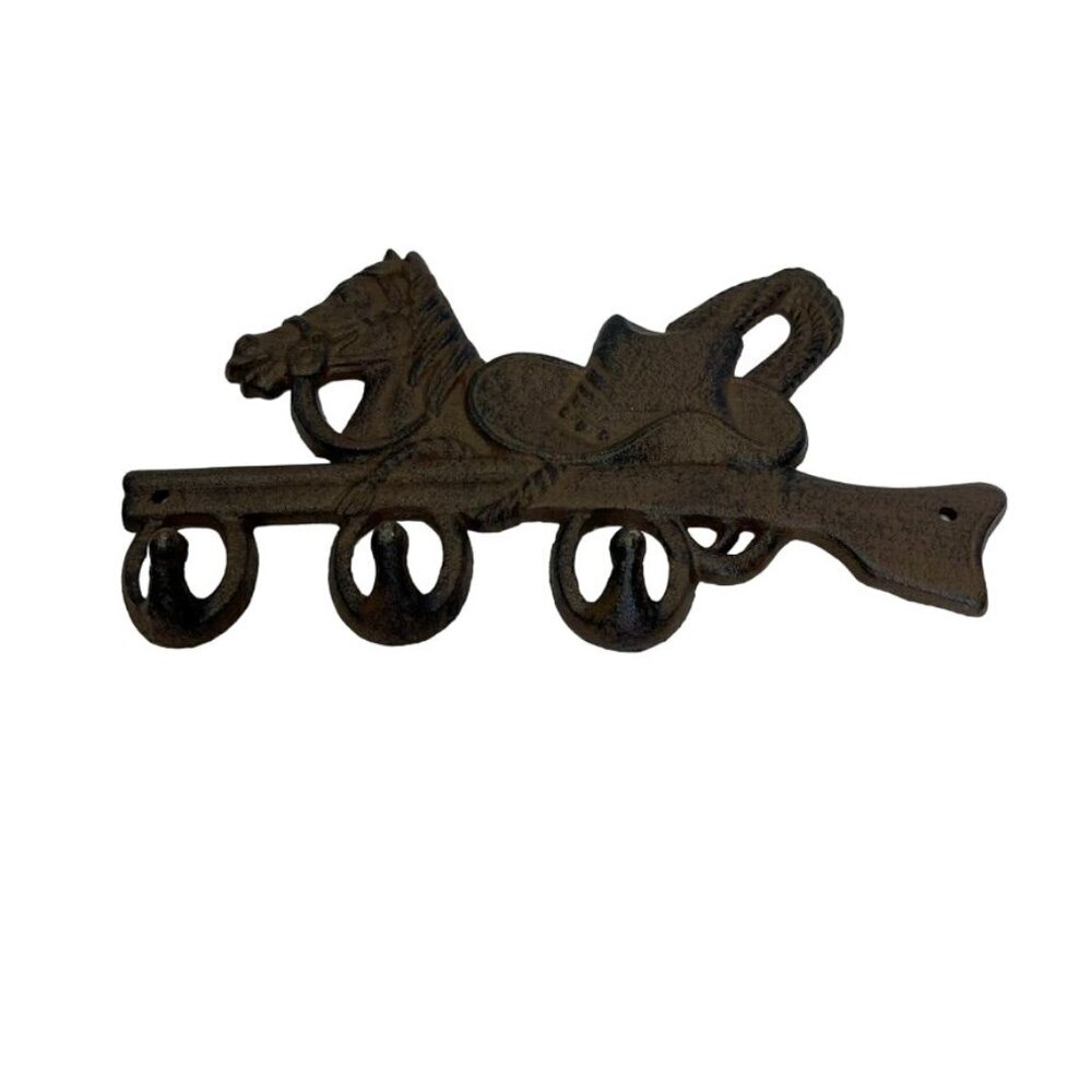 Cast Iron Western Horse Hat Wall Hanger 3 Hooks, Rustic Brown with Black Accents